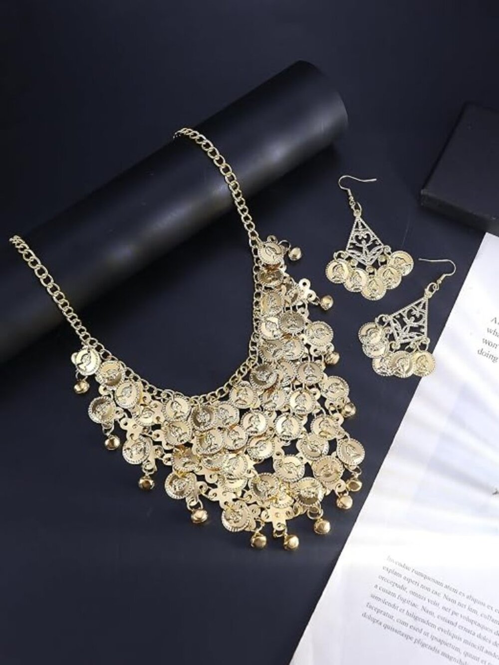Women Adjustable Bohemia Gold Coin Tassel Choker Necklace Earrings - Picture 3 of 5